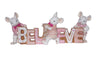 Decorative sign with mice holding letters spelling 'BELIEVE' on a white background