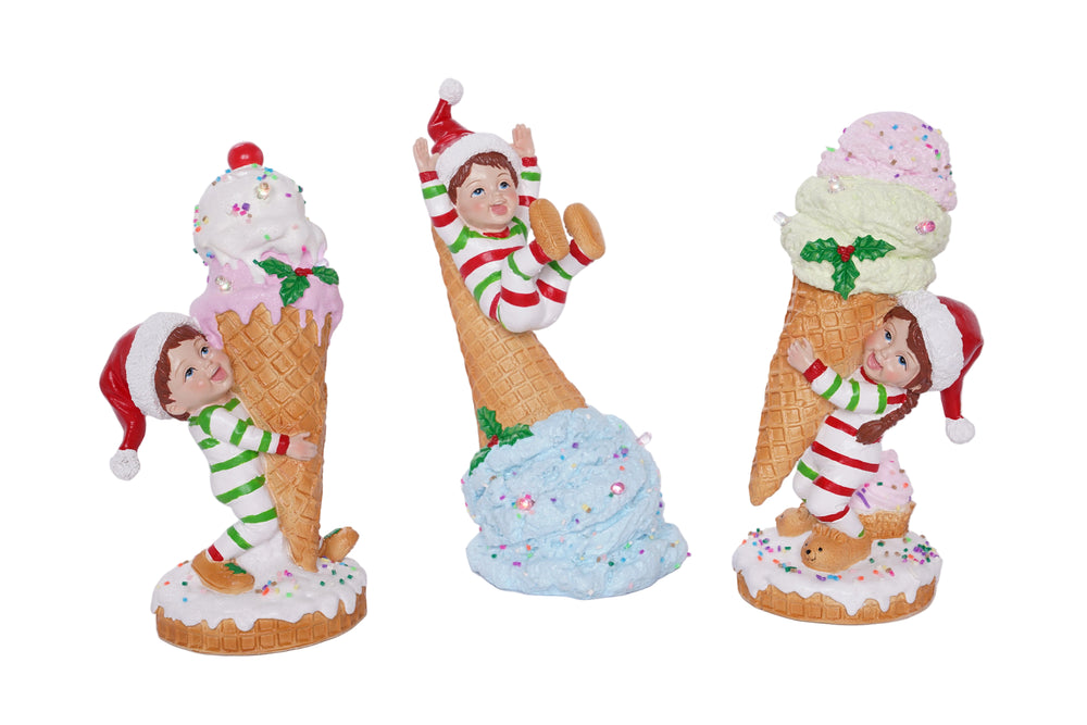 10" Lighted Elves In Pajamas With Ice Cream Assorted Set Of 3