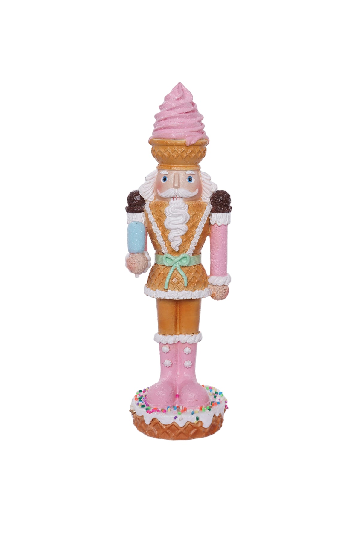 Decorative nutcracker figure with pastel colors on a white background