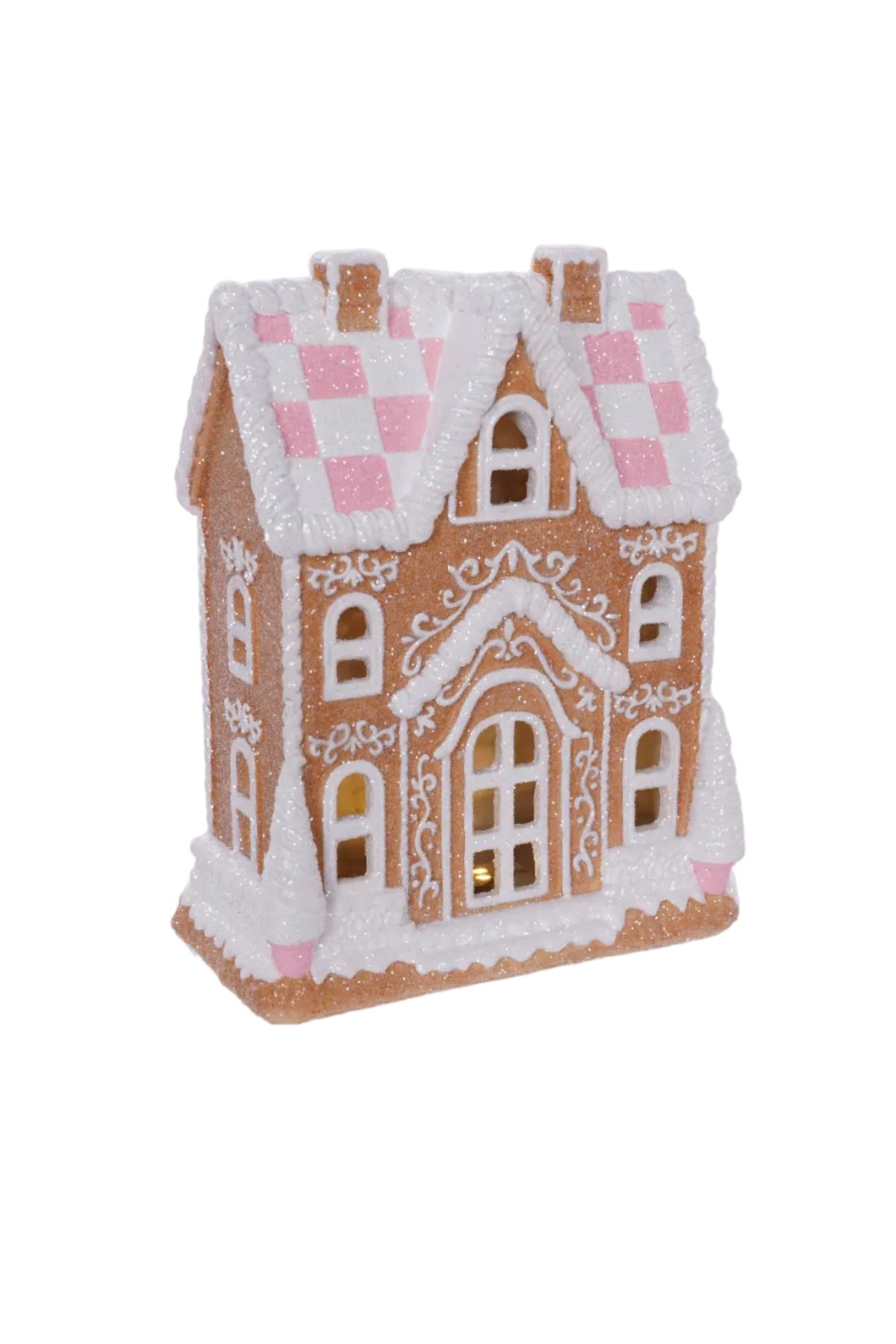 Decorative gingerbread house with checkered roof on a white background