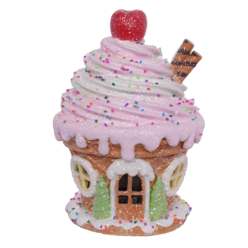 9" Lighted Pink Glitter Ice Cream House Battery Operated