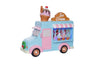 Toy ice cream truck with a small figure on top against a light gray background