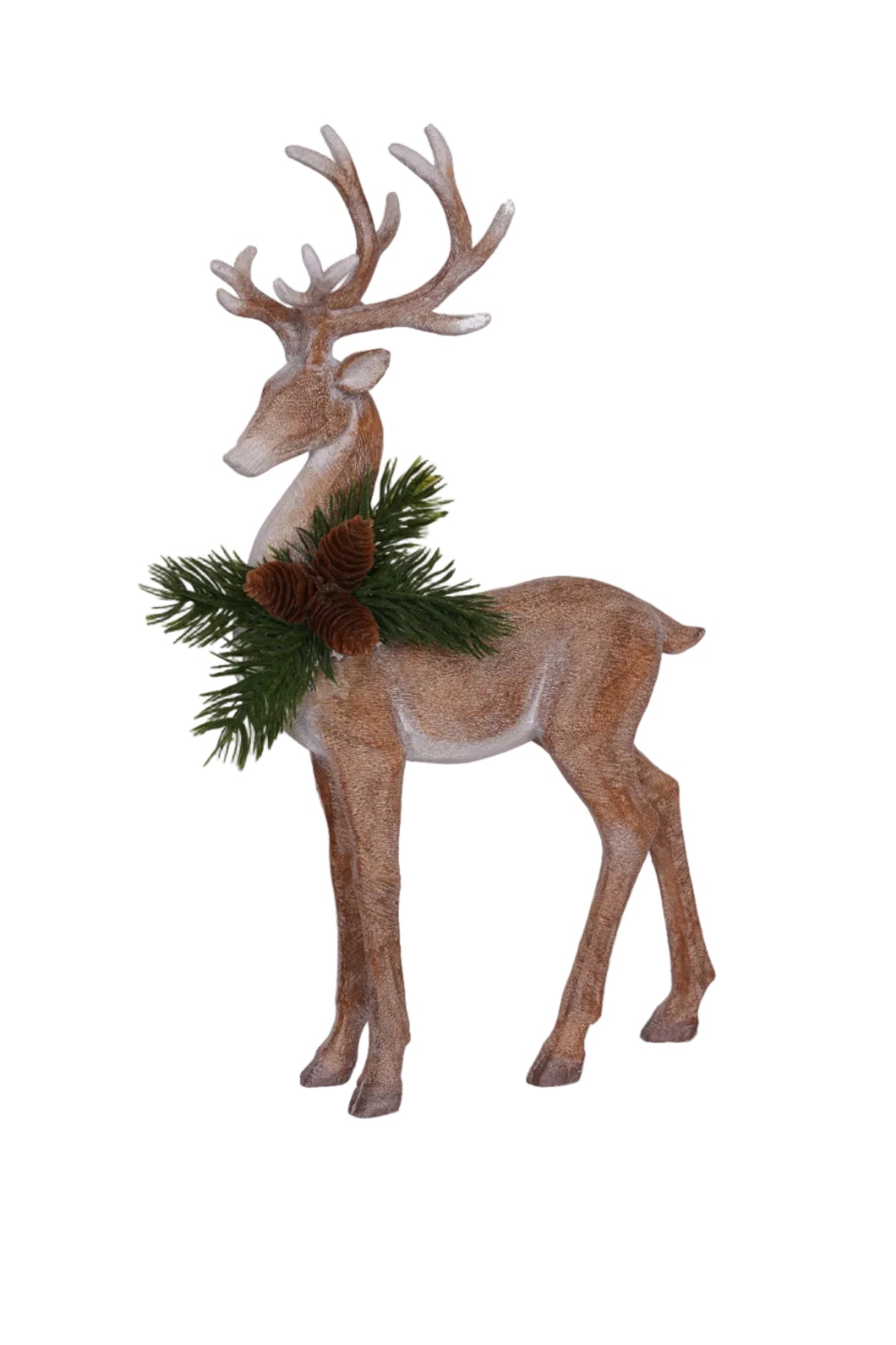 Decorative deer figure with antlers and a wreath on a white background