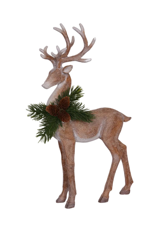 15" Standing Brown Deer With Pinecones In Greenery