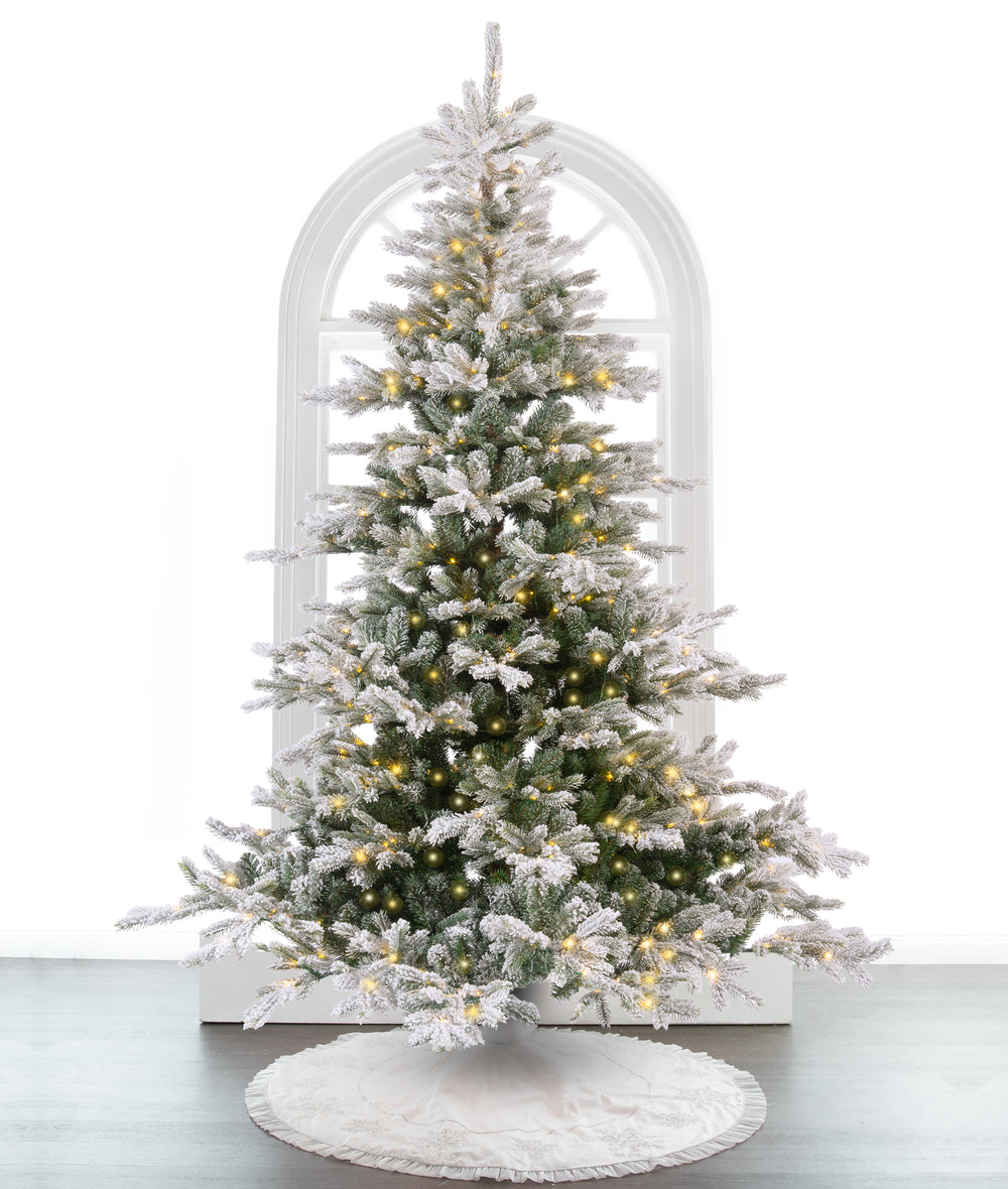 9 FT Grandis Fir Snowy Tree Pre Lit Warm White Micro Led Lights