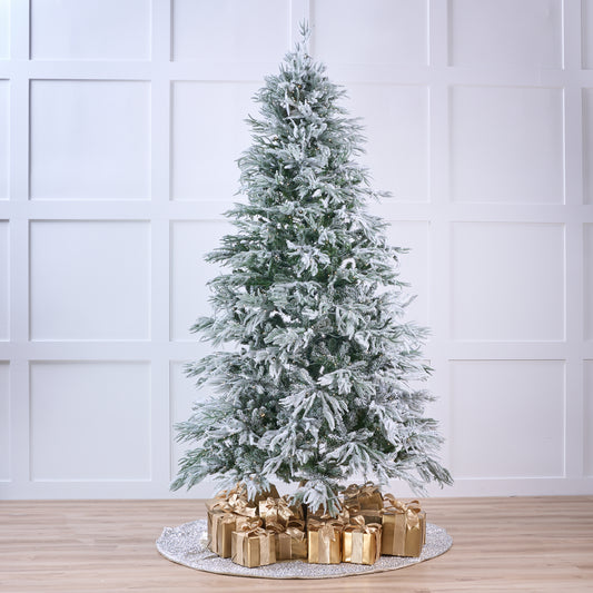 Frosted Christmas tree with gold presents on a white background