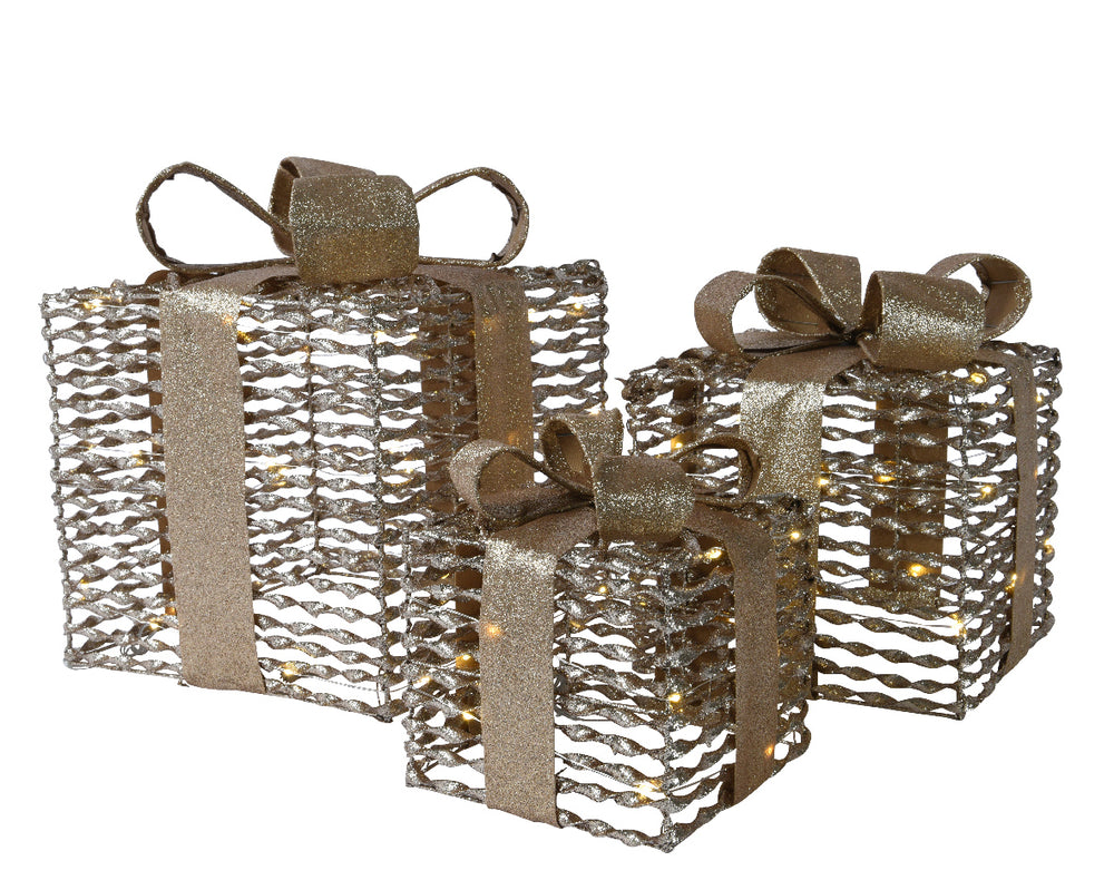 Gold Glitter Battery Operated Gift Box Set Of 3
