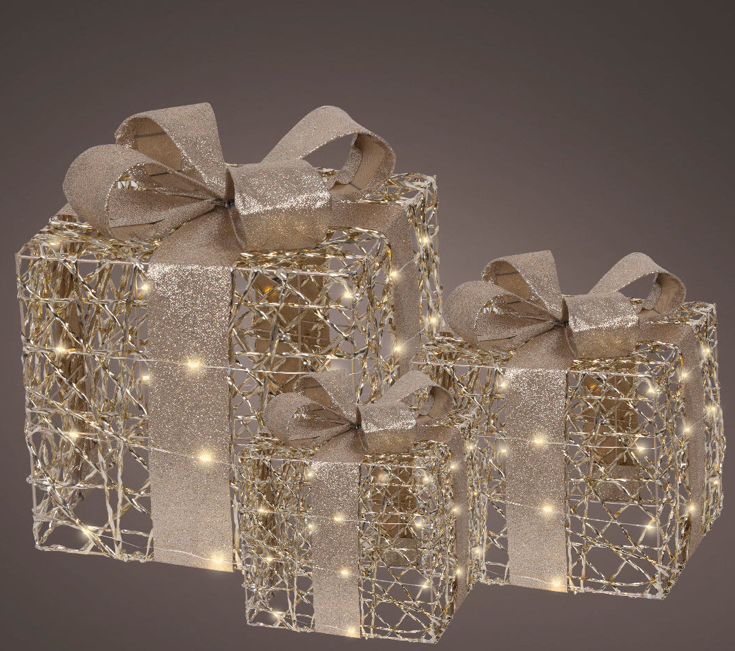 12" Warm White Micro LED Gold Glitter Gift Box Battery Operated Set Of 3