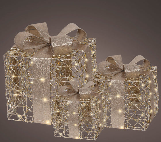 12" Warm White Gold Glitter Gift Box Battery Operated Set Of 3