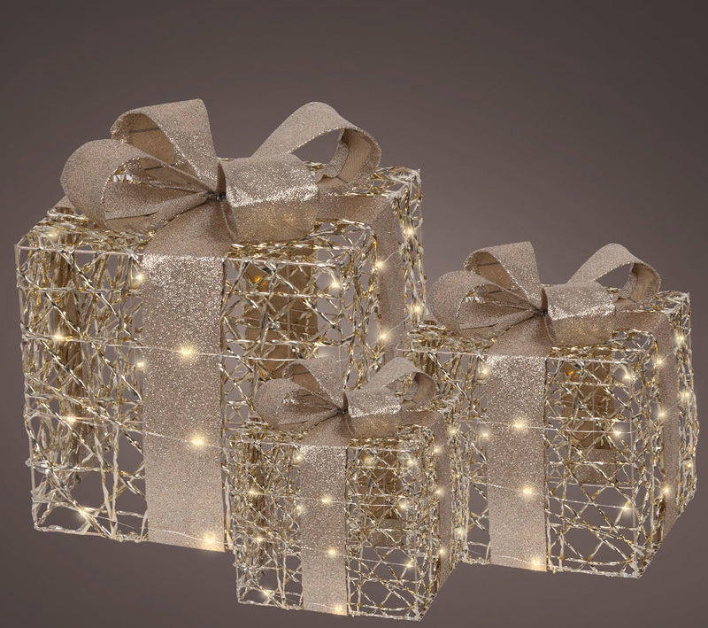 12" Warm White Micro LED Gold Glitter Gift Box Battery Operated Set Of 3