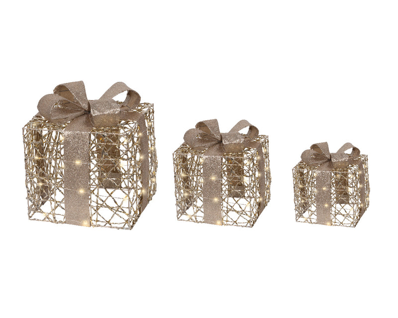 12" Warm White Micro LED Gold Glitter Gift Box Battery Operated Set Of 3