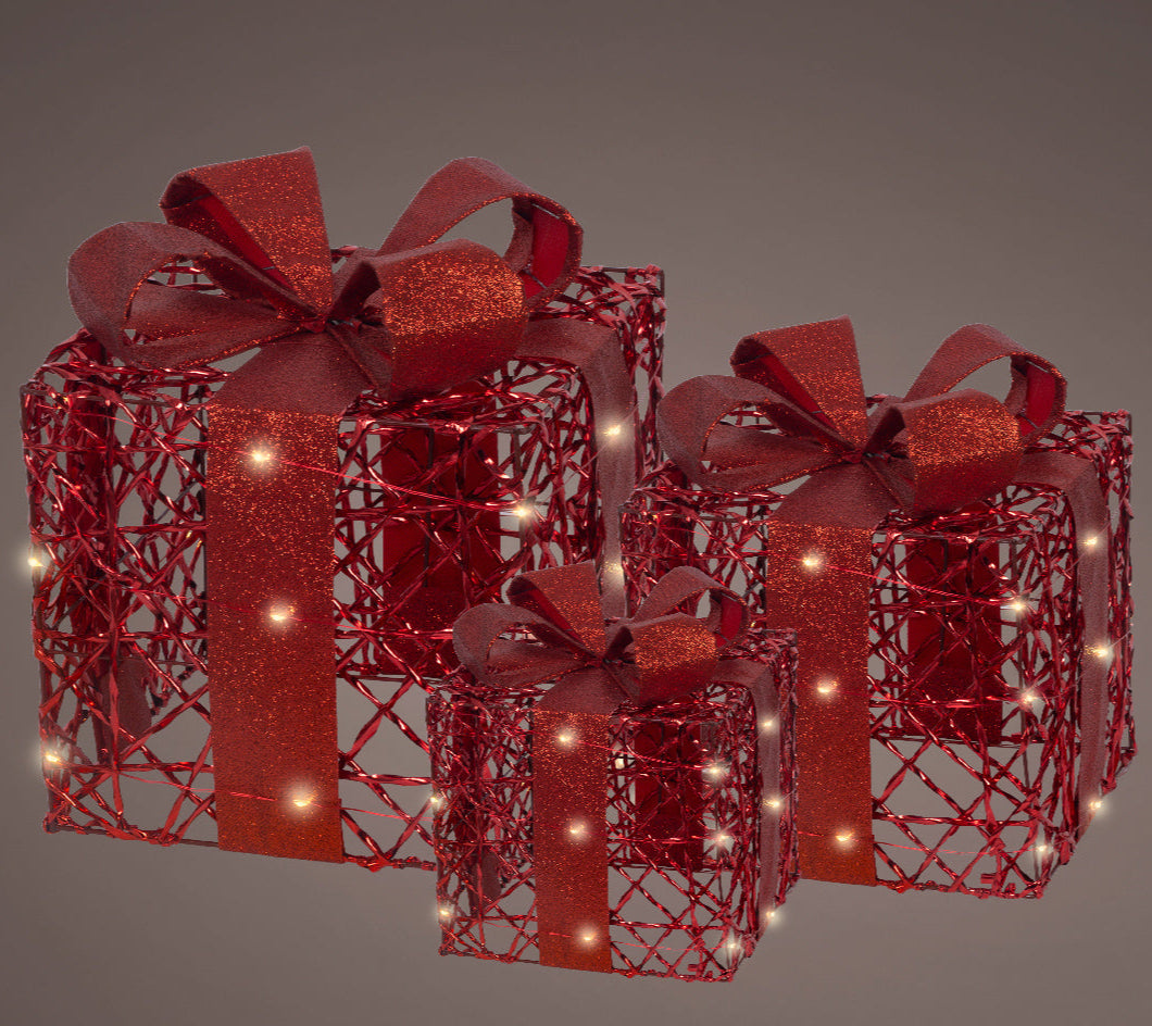 Caja de regalo roja blanco cálido a pilas, juego de 3