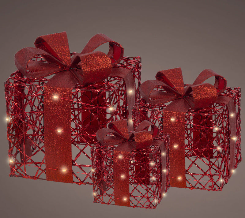 Caja de regalo roja blanco cálido a pilas, juego de 3