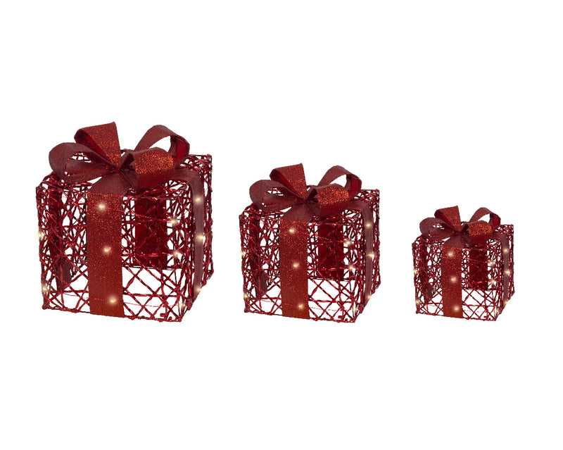 Caja de regalo roja blanco cálido a pilas, juego de 3