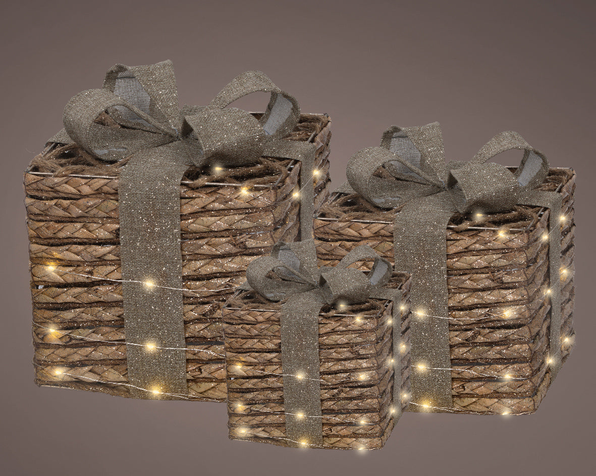 Warm White Micro LED Brown Gift Box Battery Operated Set Of 3