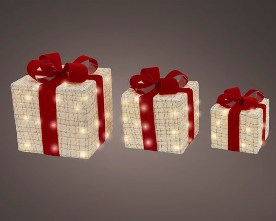 11" Warm White Micro LED Red & White Gift Boxes Set Of 3