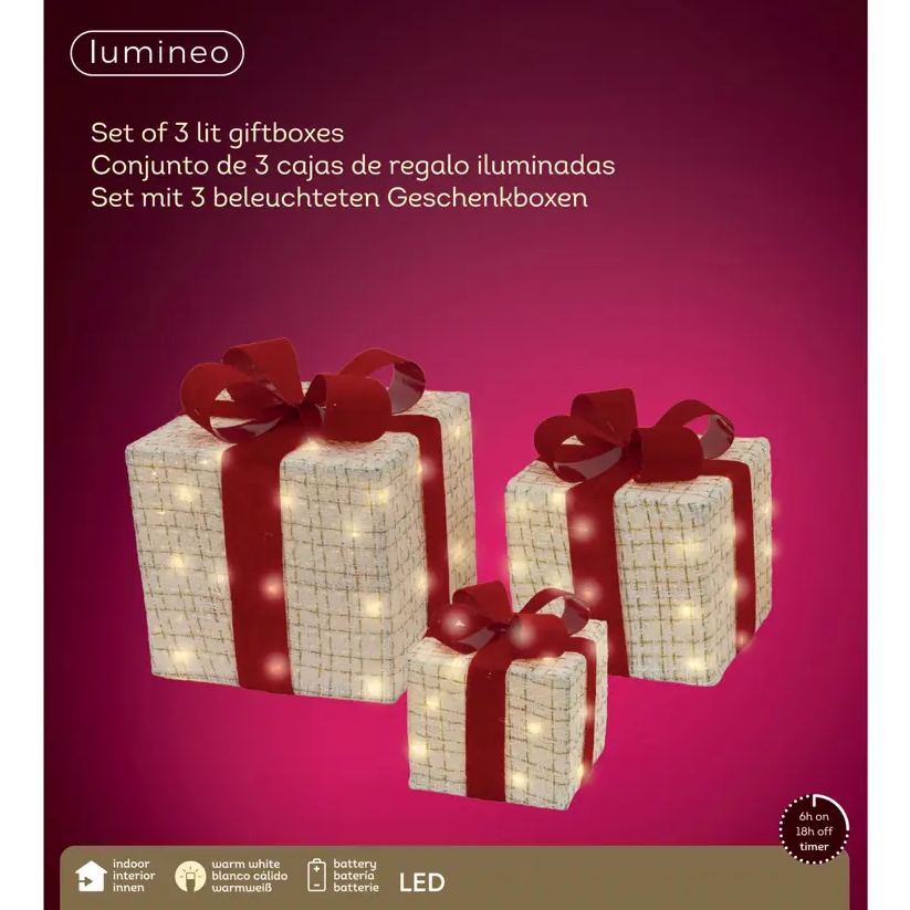 11" Warm White Micro LED Red & White Gift Boxes Set Of 3