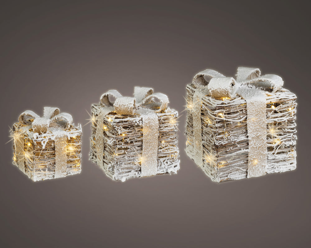 12" Warm White LED Rattan Gift Boxes Set Of 3