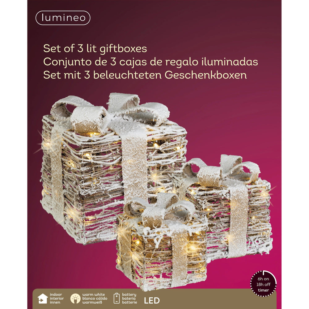 12" Warm White LED Rattan Gift Boxes Set Of 3