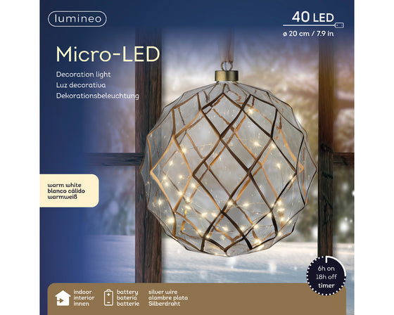8" Micro LED Glass Ball Ornament Battery Operated