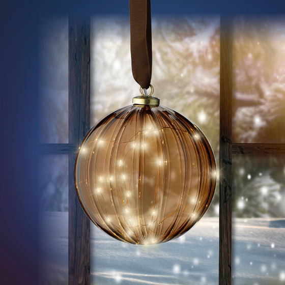 6" Micro LED Brown Ball Ornament Battery Operated Set Of 2