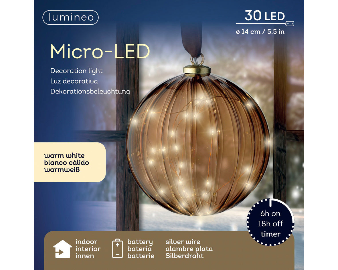 6" Micro LED Brown Ball Ornament Battery Operated Set Of 2