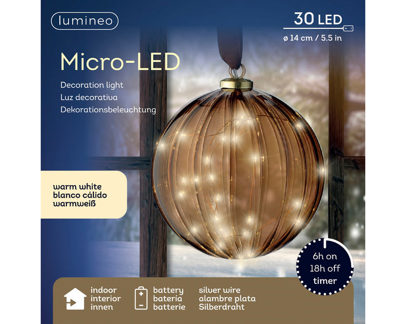 Adorno de bola micro LED marrón de 6" a pilas, juego de 2