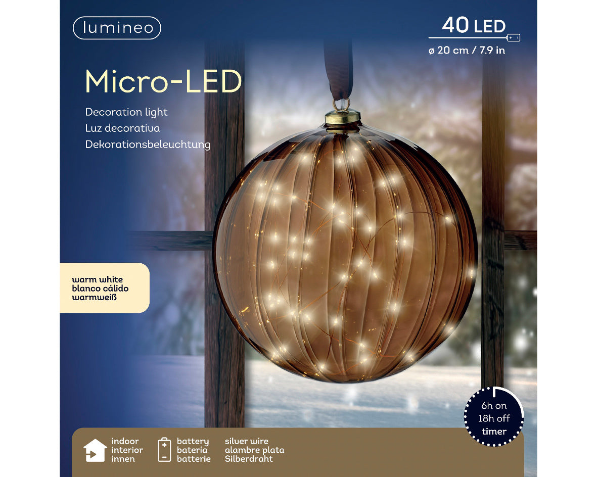 8" Micro LED Brown Ball Ornament Battery Operated