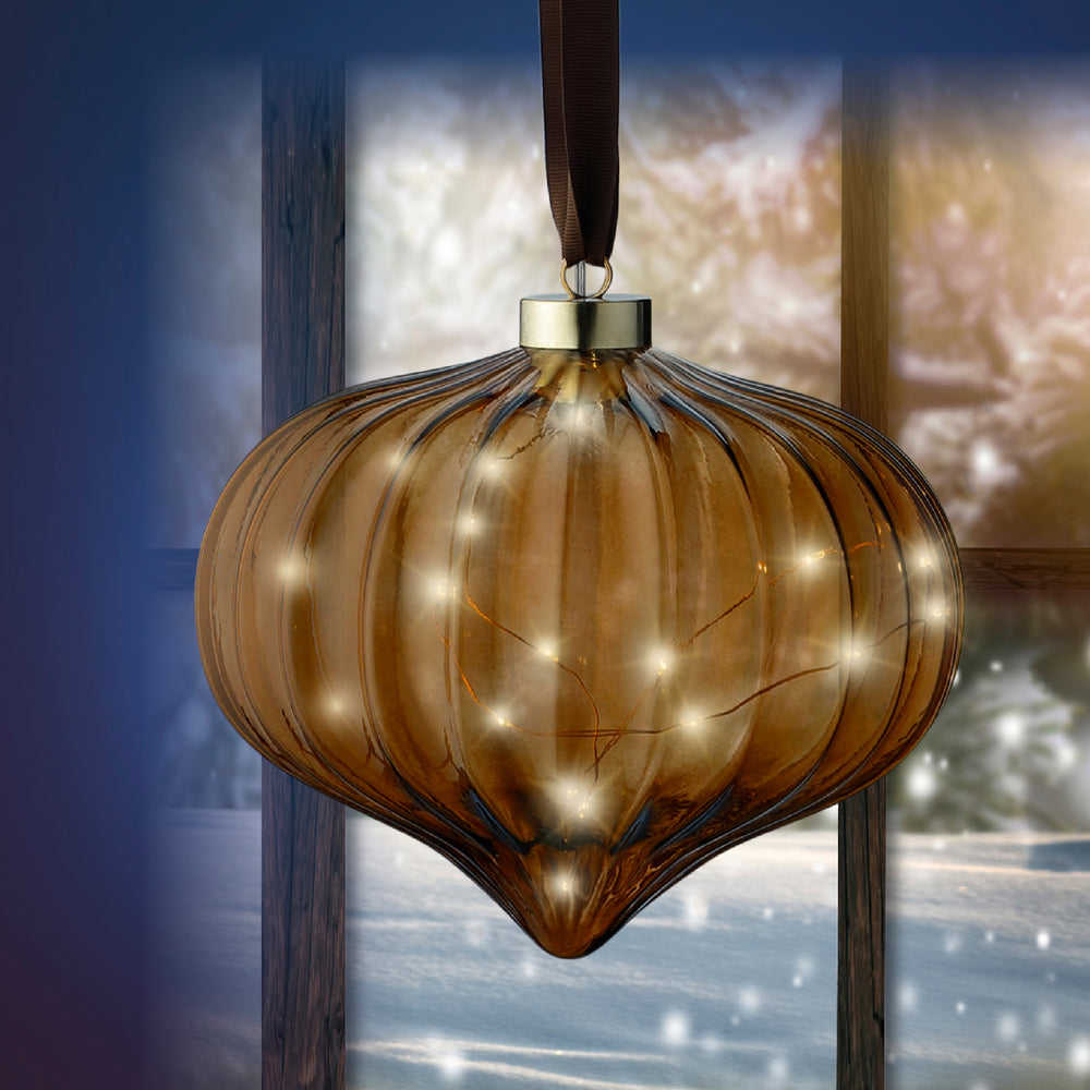 8" Micro LED Brown Onion Ornament Battery Operated