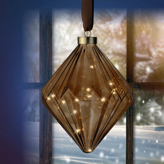 8" Micro LED Brown Diamond Ornament Battery Operated Set Of 2