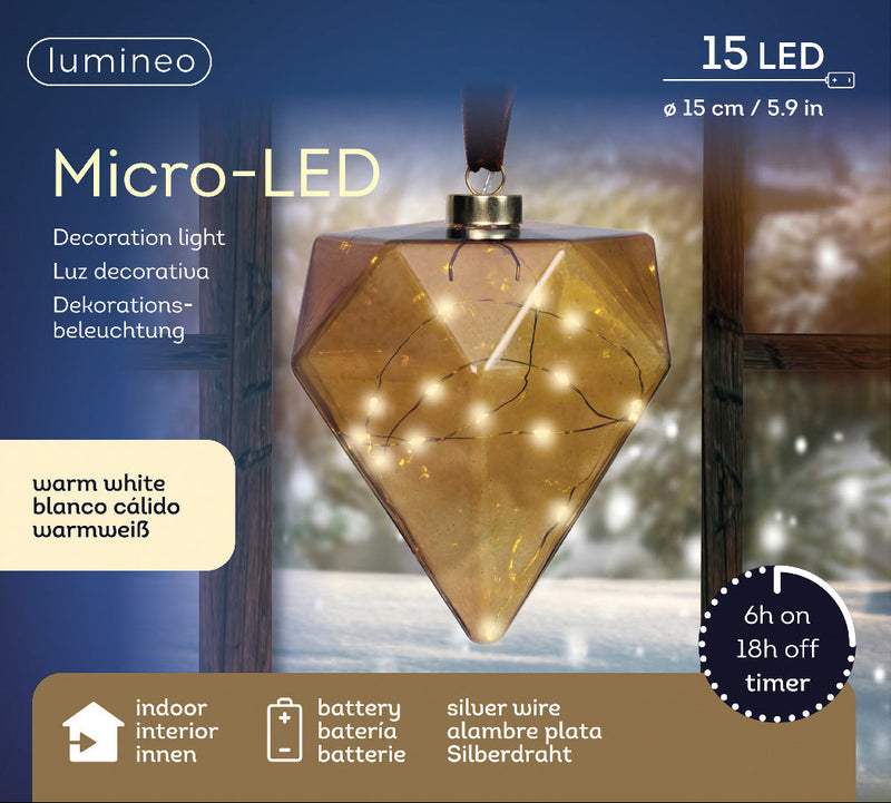 Juego de 2 adornos de diamantes marrones con micro LED de 6" a pilas