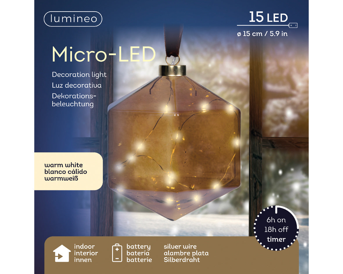 6" Micro LED Brown Geometric Ornament Battery Operated Set Of 2