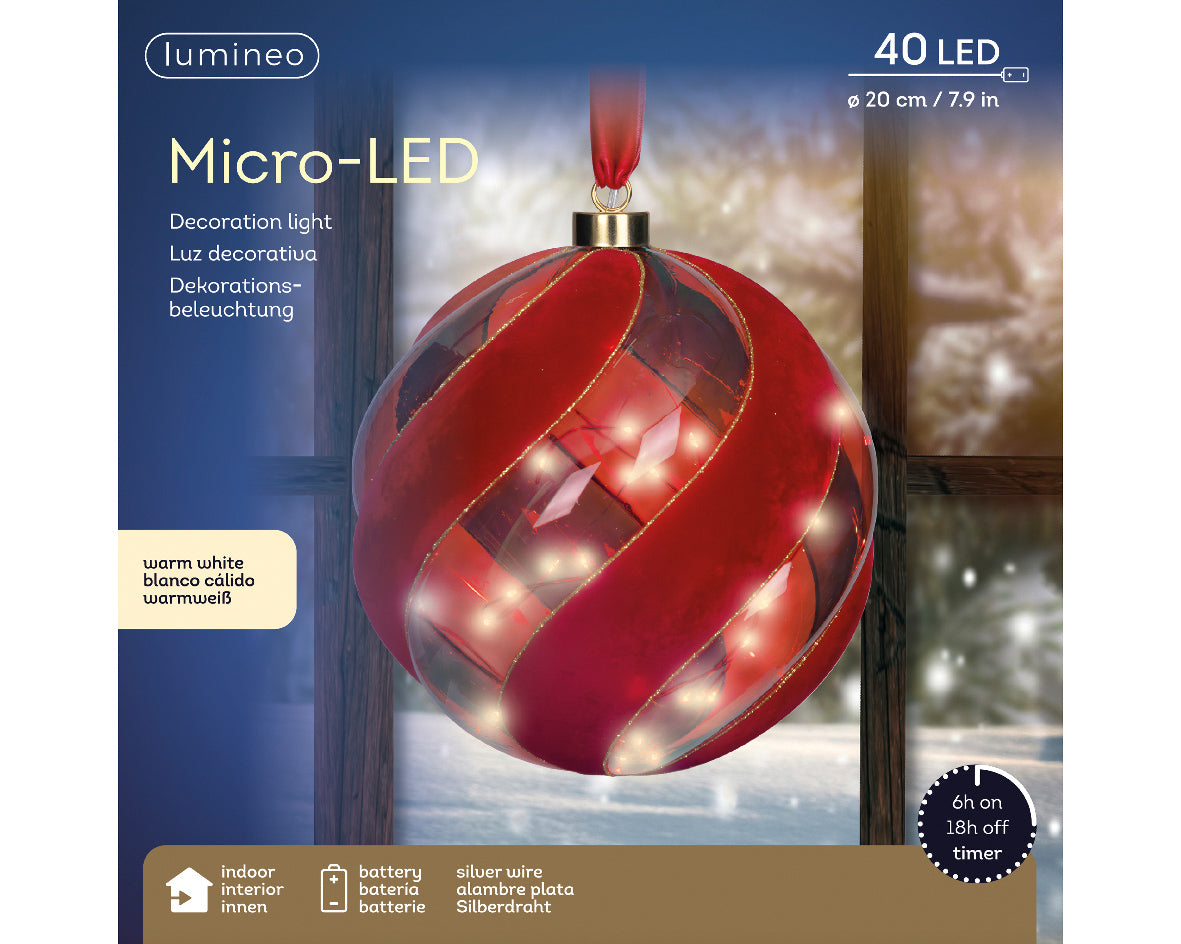 8" Micro LED Red Ball Ornament Battery Operated