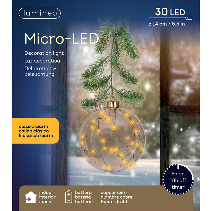 Adorno de bola de micro LED ámbar de 6" a pilas, juego de 2 unidades