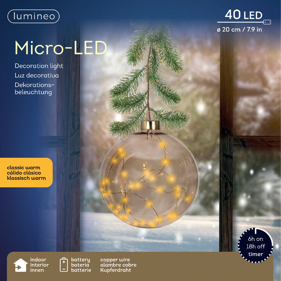 8" Micro LED Amber Ball Ornament Battery Operated Set Of 2