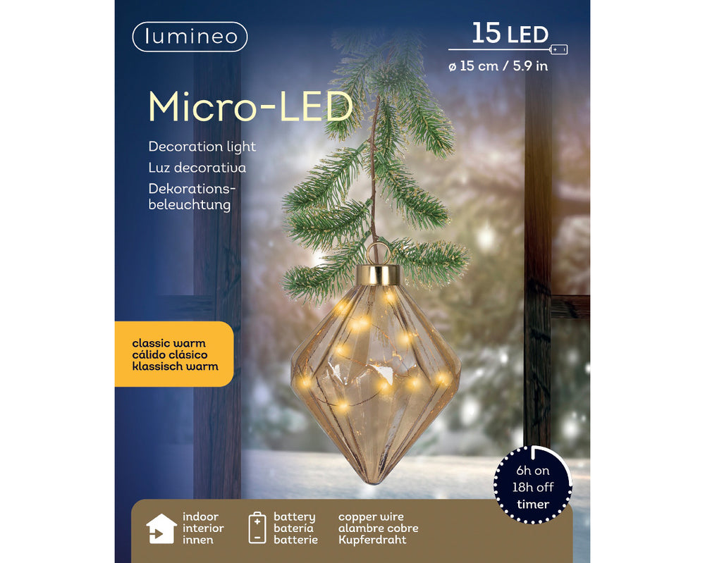 8" Micro LED Amber Diamond Ornament Battery Operated Set Of 2