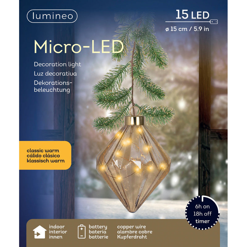 Juego de 2 adornos de diamantes ámbar Micro LED de 8" a pilas