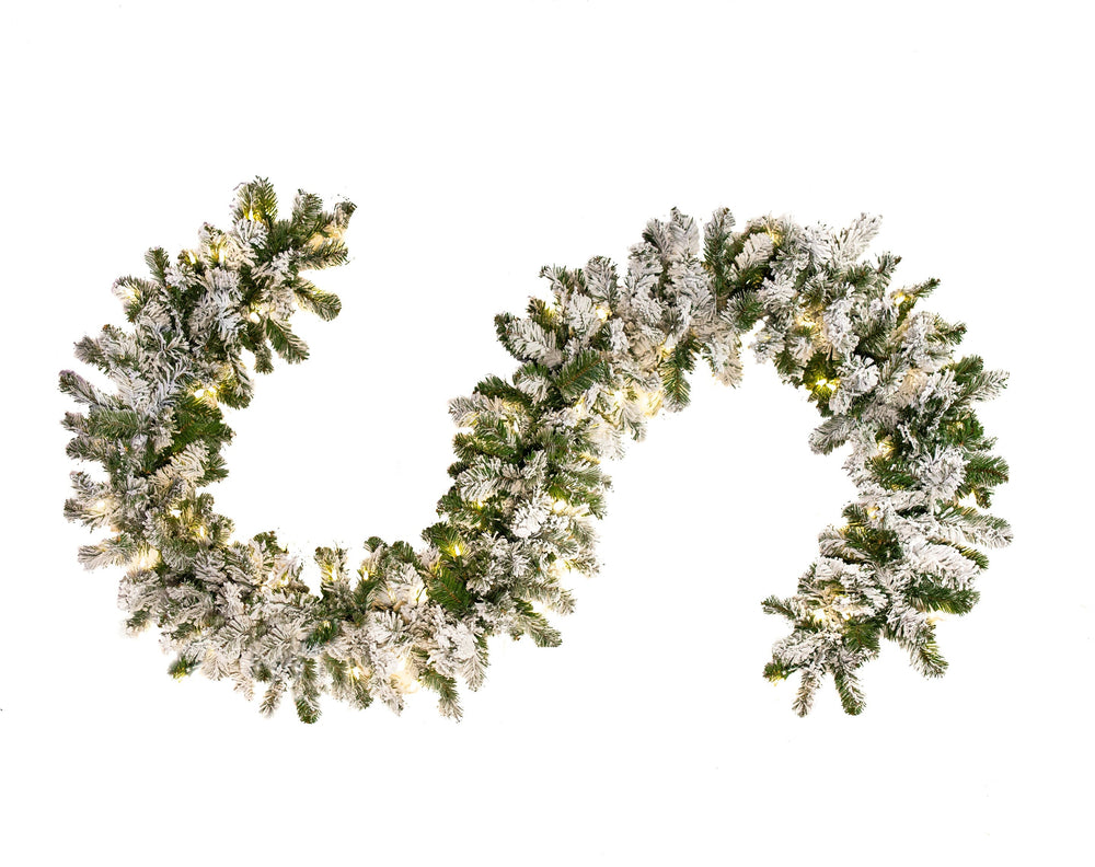 9 FT X 12" Flocked Garland Pre-lit 100 LED Clear Lights