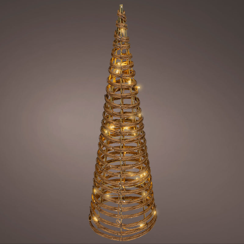 Decorative gold cone-shaped object with lights on a gray background