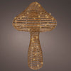 Woven lamp with a mushroom shape on a dark background
