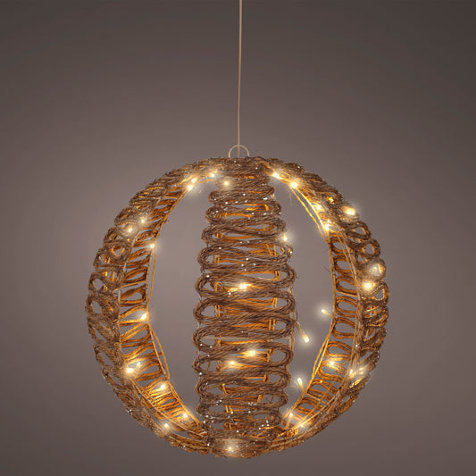 Bola de mimbre marrón blanco cálido de 15" y 48 LED