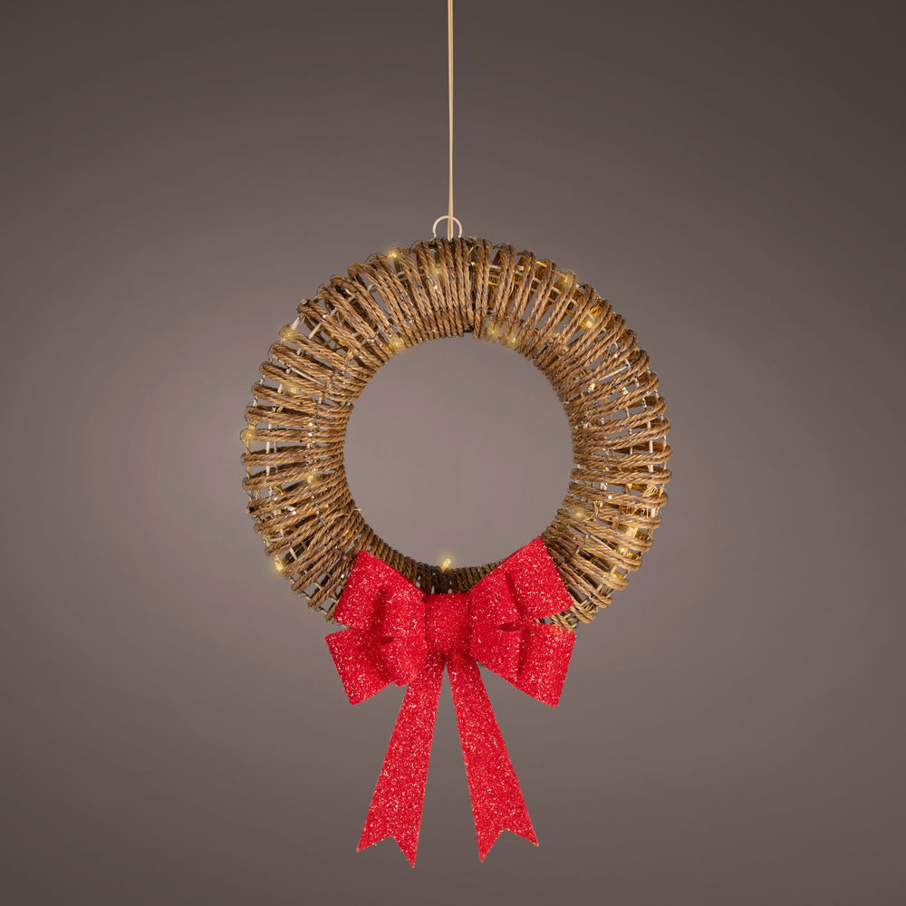 15" 48 LED Soft Warm Wicker Brown Wreath With Red Bow