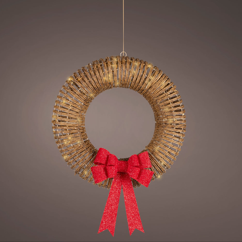 23" 72 LED Brown Wicker Wreath With Red Bow