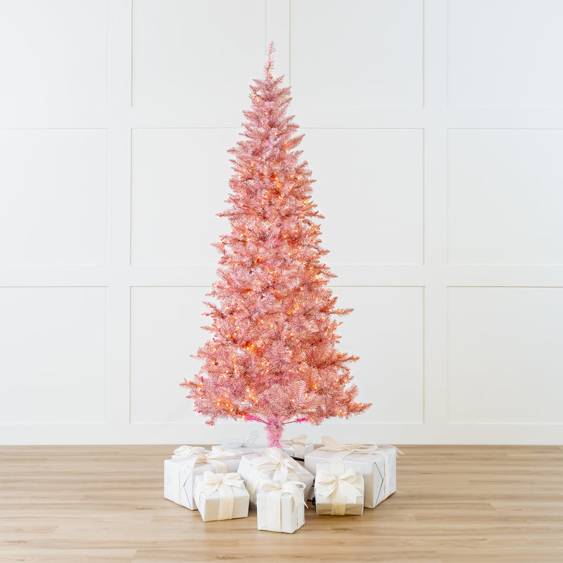 7.5 FT Pink Tinsel Slim Tree Pre-lit Clear Lights