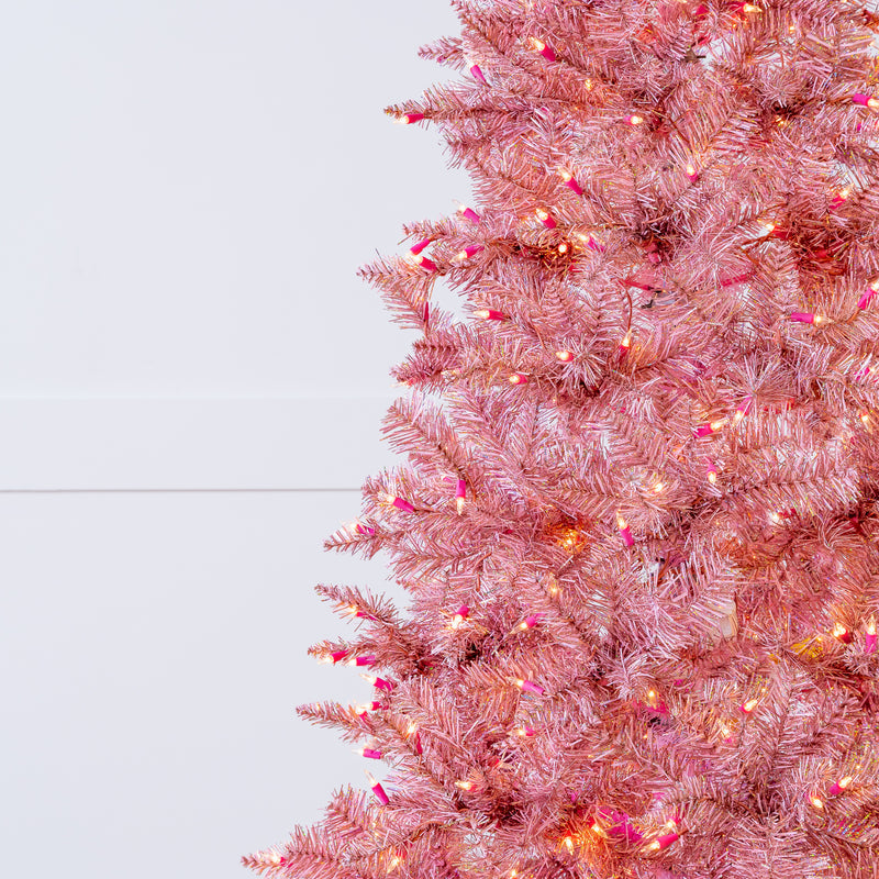 7.5 FT Pink Tinsel Slim Tree Pre-lit Clear Lights