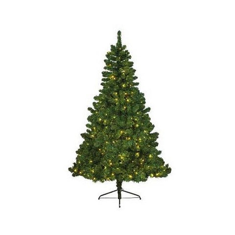 Pre-lit artificial Christmas tree with green needles on a white background