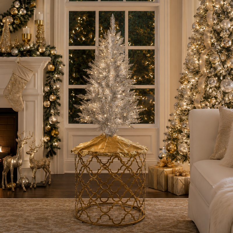 4 FT Silver Tinsel Tree Pre-Lit Warm White LED Lights