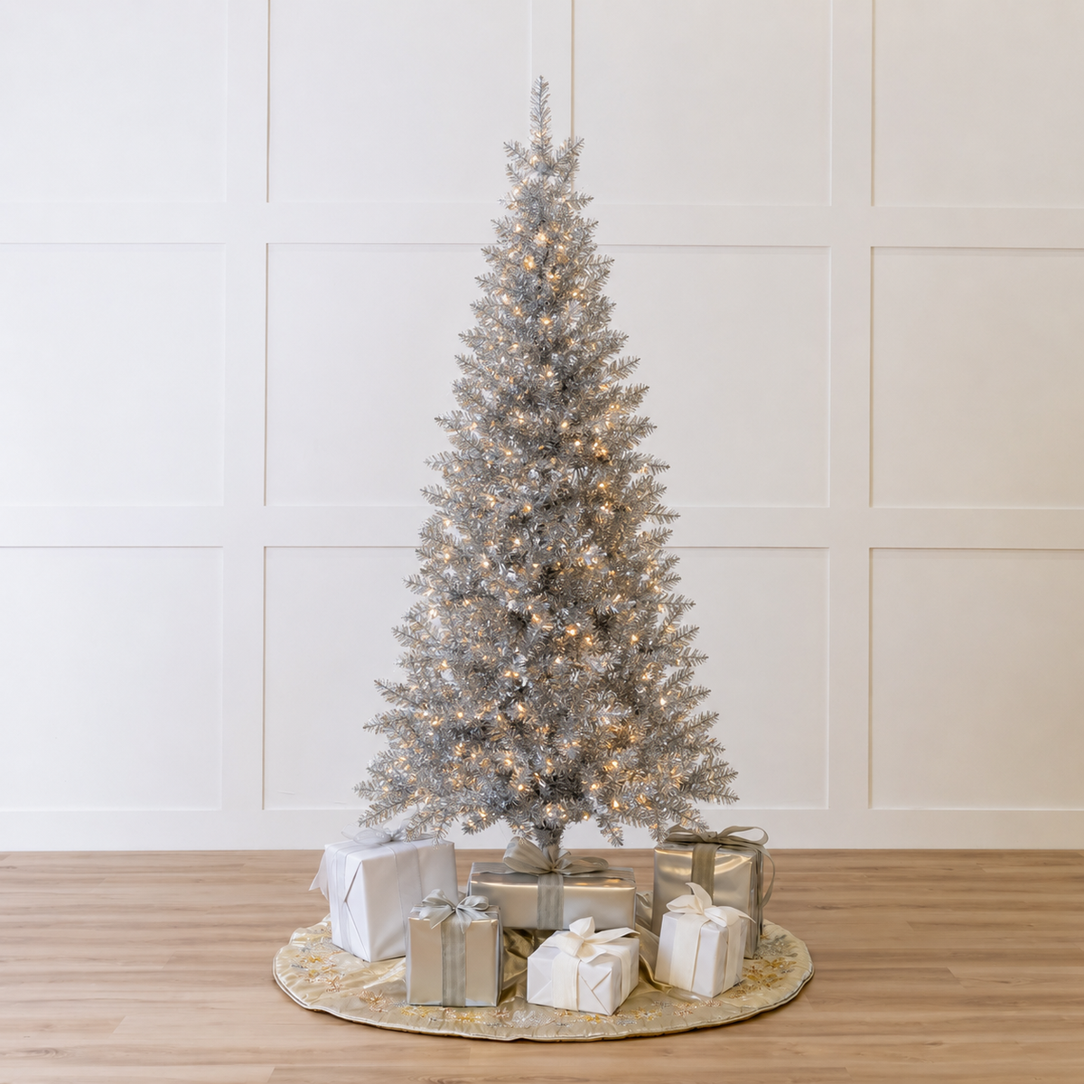 7.5 FT Silver Tiffany Tinsel Pre Lit Warm White Micro LED Lights