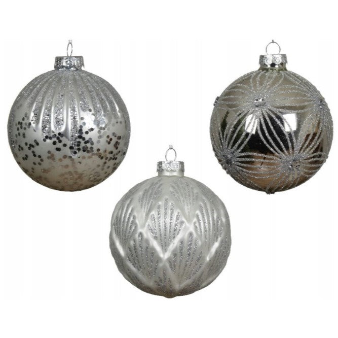 4" Silver Glitter Glass Ornament Set Of 12