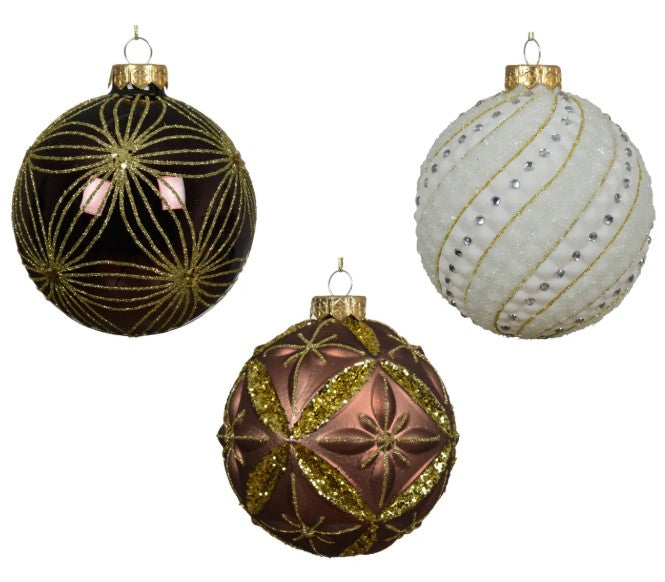 4" Brown & Gold Glitter Glass Ornament Set Of 12